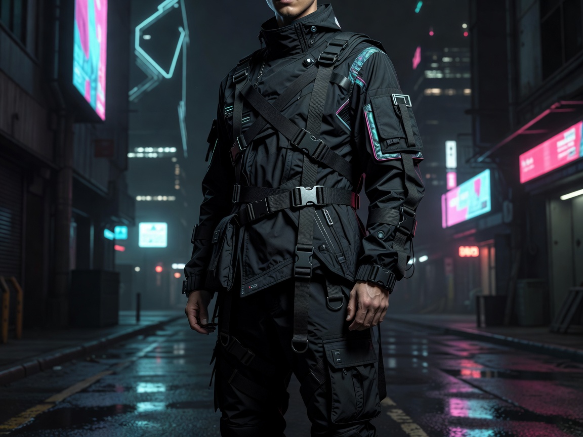Cyberpunk inspired techwear aesthetic with black straps and modular Japanese silhouette