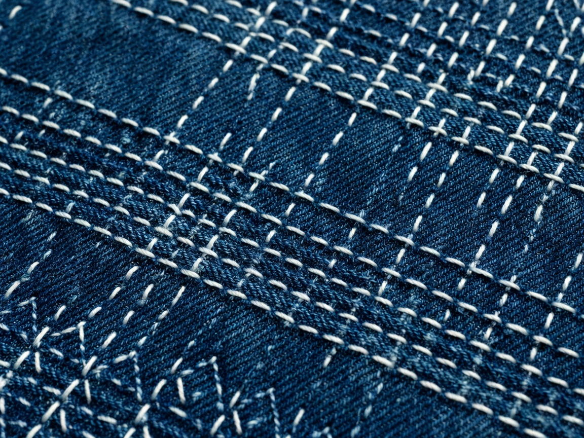 Detailed close up of indigo dyed sashiko stitchwork and textured Japanese denim fabric