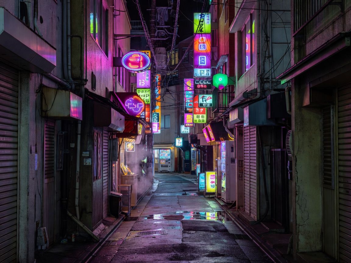 Harajuku backstreet alleyway with neon signs and urban Japanese atmosphere