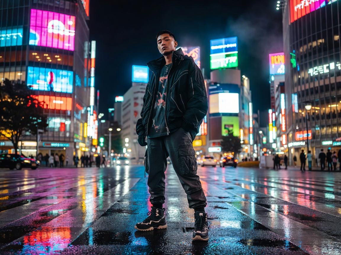 Japanese streetwear fashion model standing in illuminated Shibuya night street