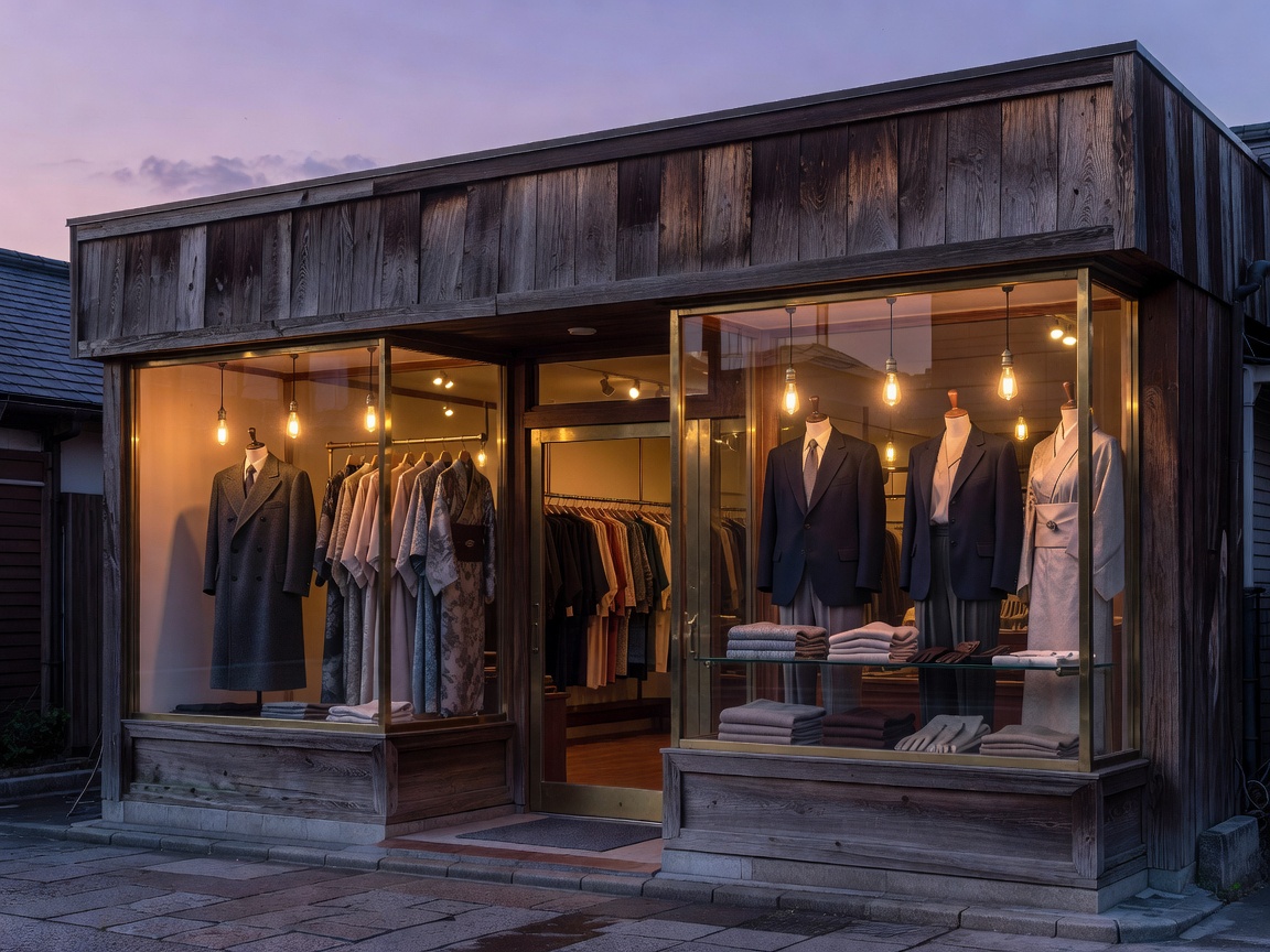 Tokyo vintage storefront illuminated at twilight with fashion display cases