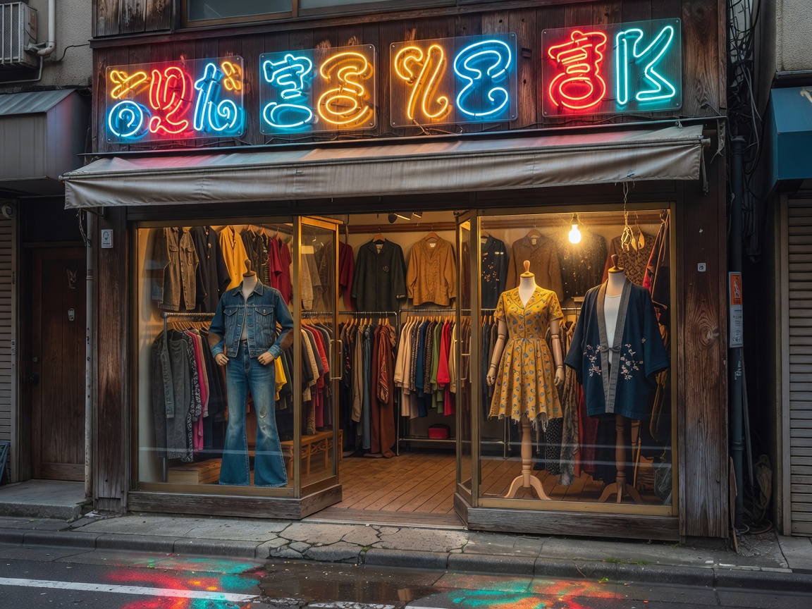 Vintage storefront in Shimokitazawa Tokyo with retro neon signs and archival clothing displays